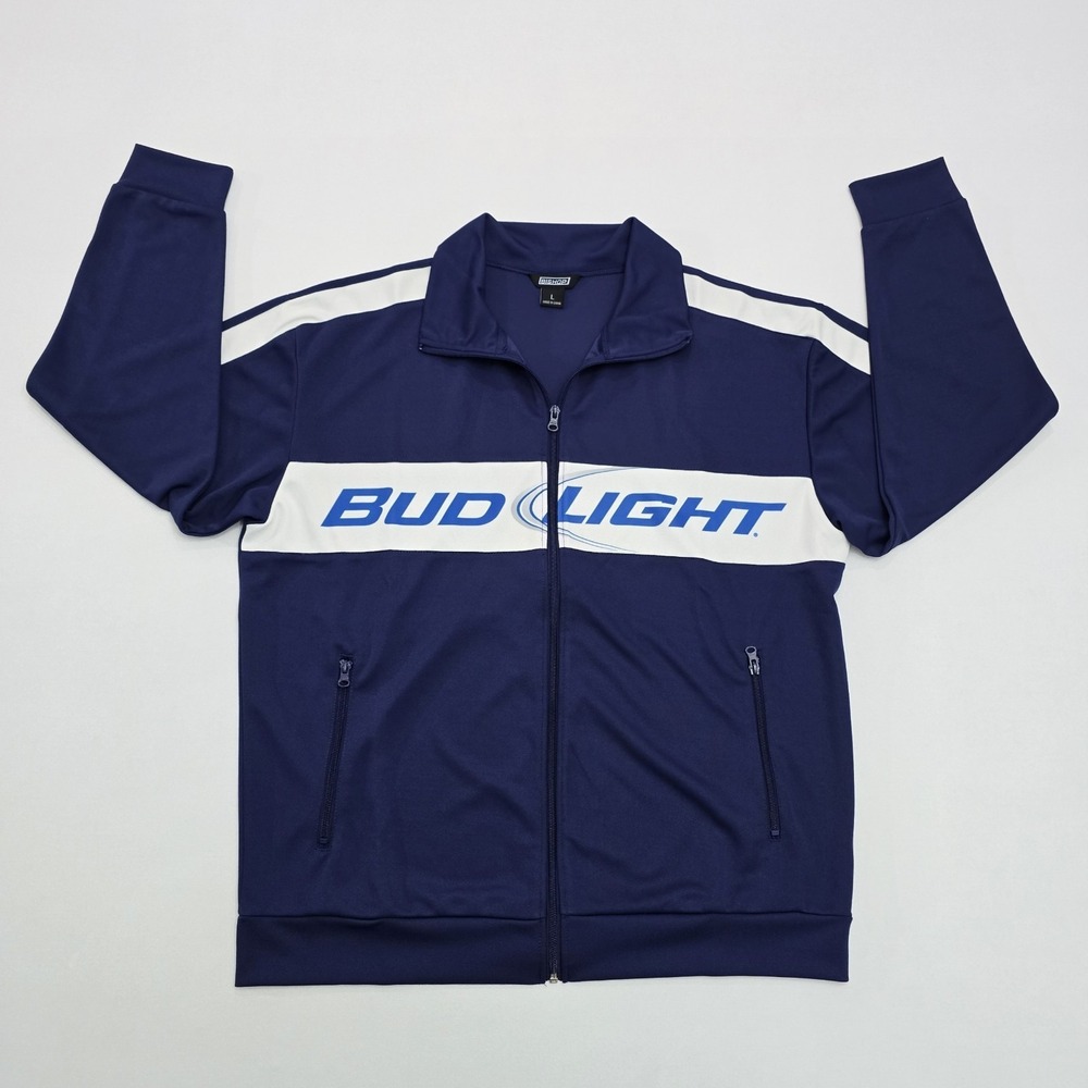 Bishop Bud Light Track Jacket Mens Large Navy Blue Full Zip Racing Stripe Logo
